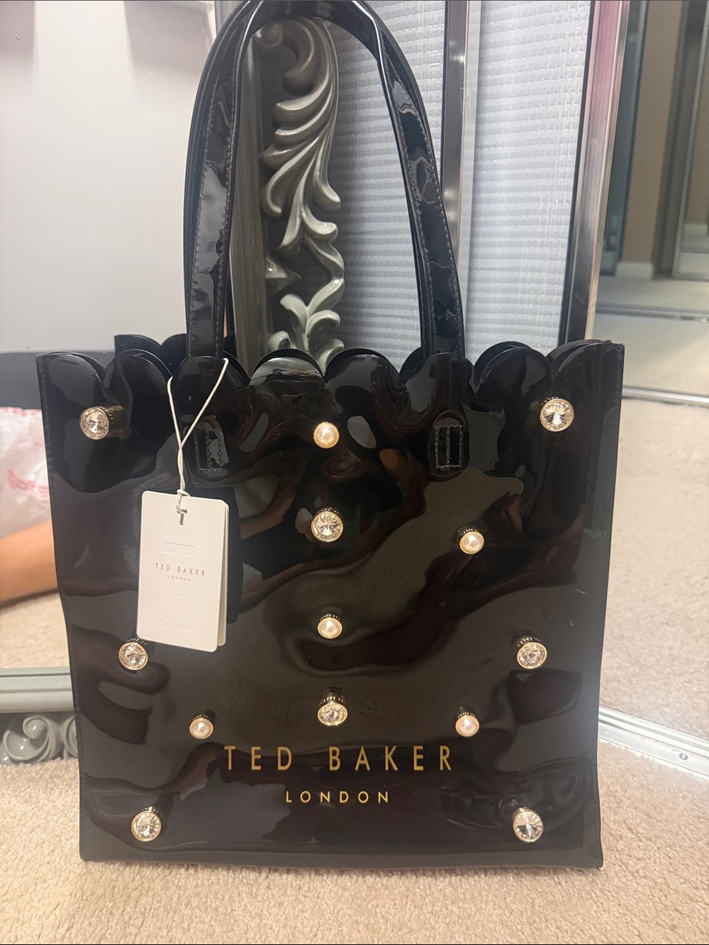 Ted Baker Black Patent Tote with Pearl & Crystal Accents